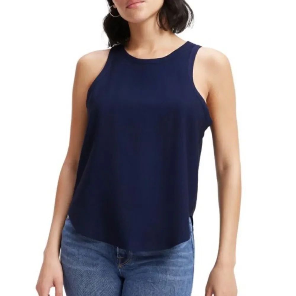 NWT Good American Good Touch Cutaway Woven Tank Navy Blue L